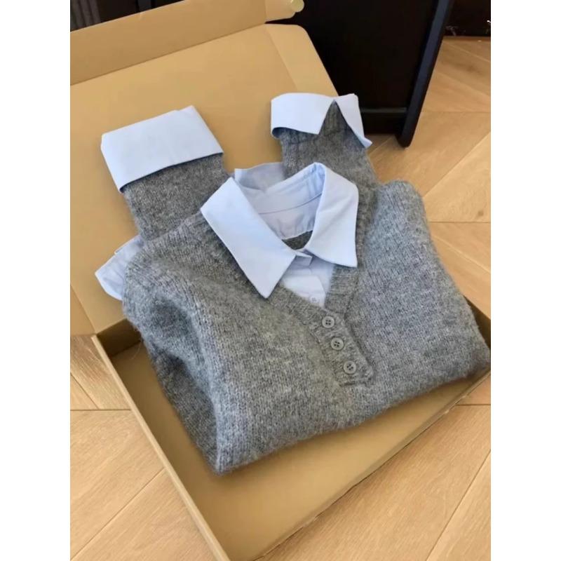 Gray and Blue Contrast Sweater Shirt Fake Two-piece Stacked Women's Autumn and Winter Korean Design Niche Unique Sweater Top