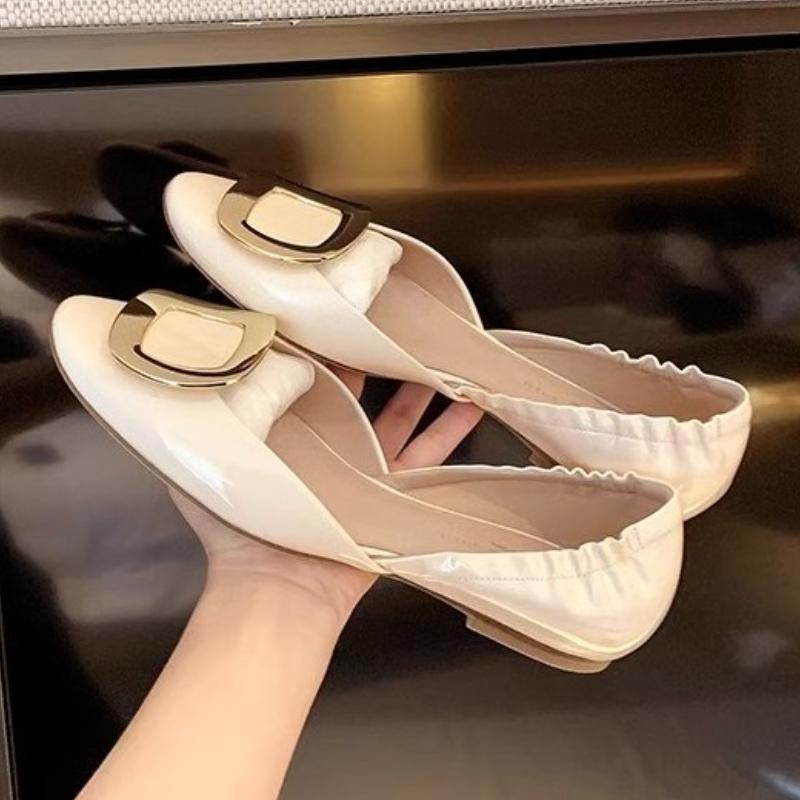 Fashion Elegant Metal Buckle Decoration Low Heel Pumps Women Fashion Cozy Round Toe Shallow Flats High Quality Patent Leather Dress Shoe