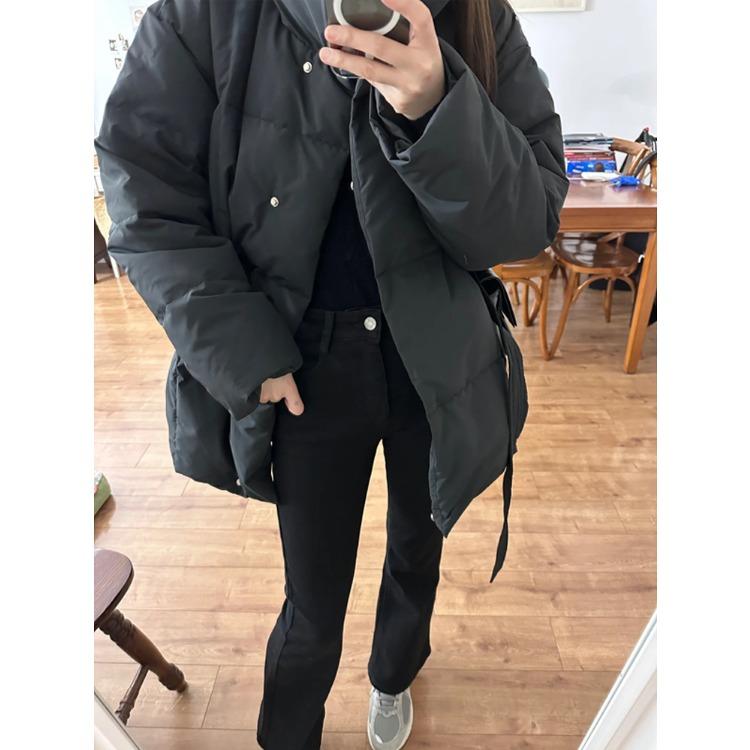 Moda Invernale Stile Coreano Cappotto Nero di Cotone con Cintura in Vita per Donna