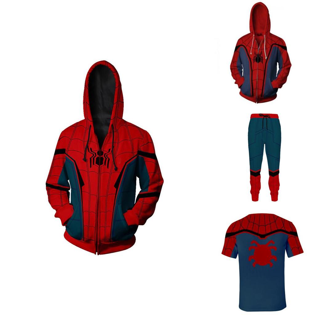 Felpa con zip T-shirt Pantaloni Set Spiderman Hip Hop Marvel Costume Cosplay