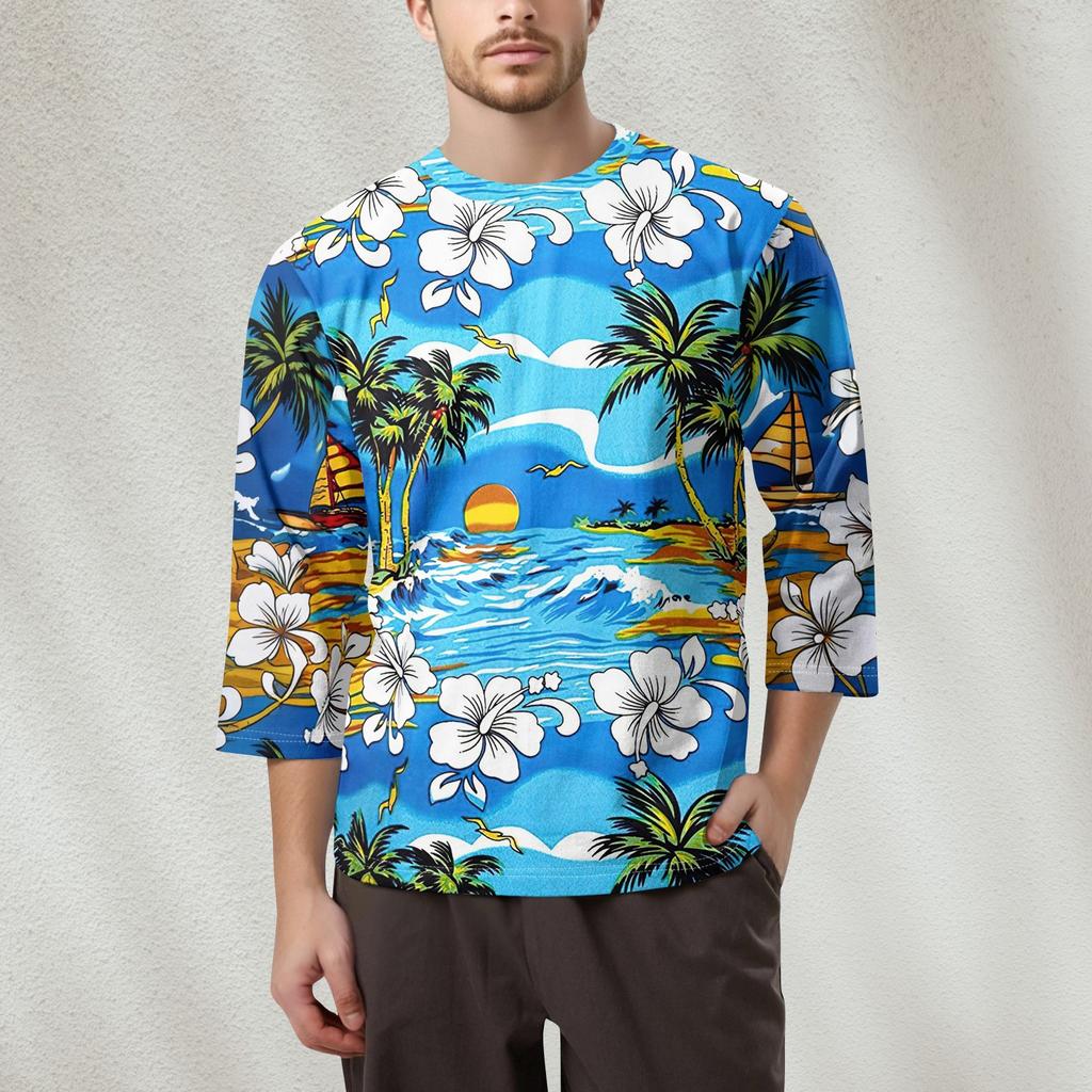 Men's Fashion Printed Round Neck 3/4 Sleeve Tops T-Shirt