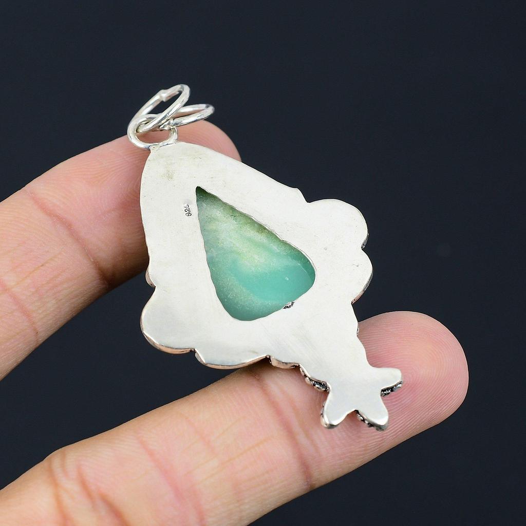 Friendship Day Deal 925 Silver Pear Chrysoprase Stone Sister Flower Boho Pendant