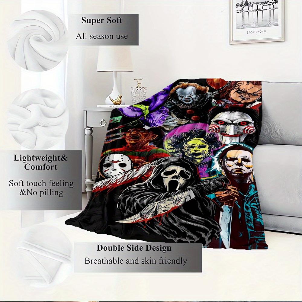 For Horror Icons,Halloween Monsters,Film Characters-Themed Flannel Blanket, Glam Style, Digital Print, All-Season Comfort, Tear-Resistant, K