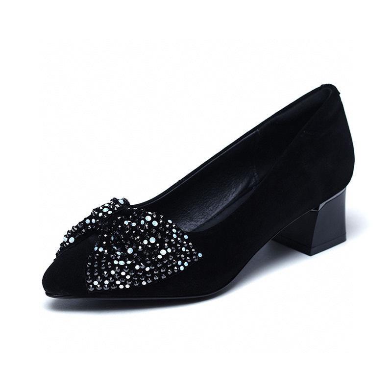 Fashion Pointed Single Shoes Spring New Black Rhinestone Bow Sheepskin High Heels Women's Shoes