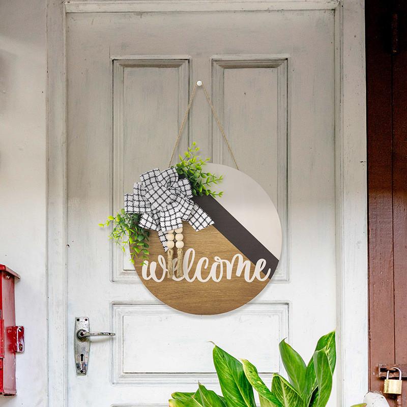 And Black Whimsical White Bow Door Decor Wreath With Rustic Wooden Beads Tassels And