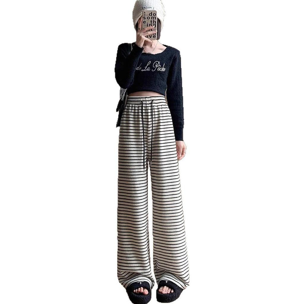 Petite Loose Fit High Waist Fleece Stripe Wide Leg Pants for Women - Autumn/Winter Casual Wear