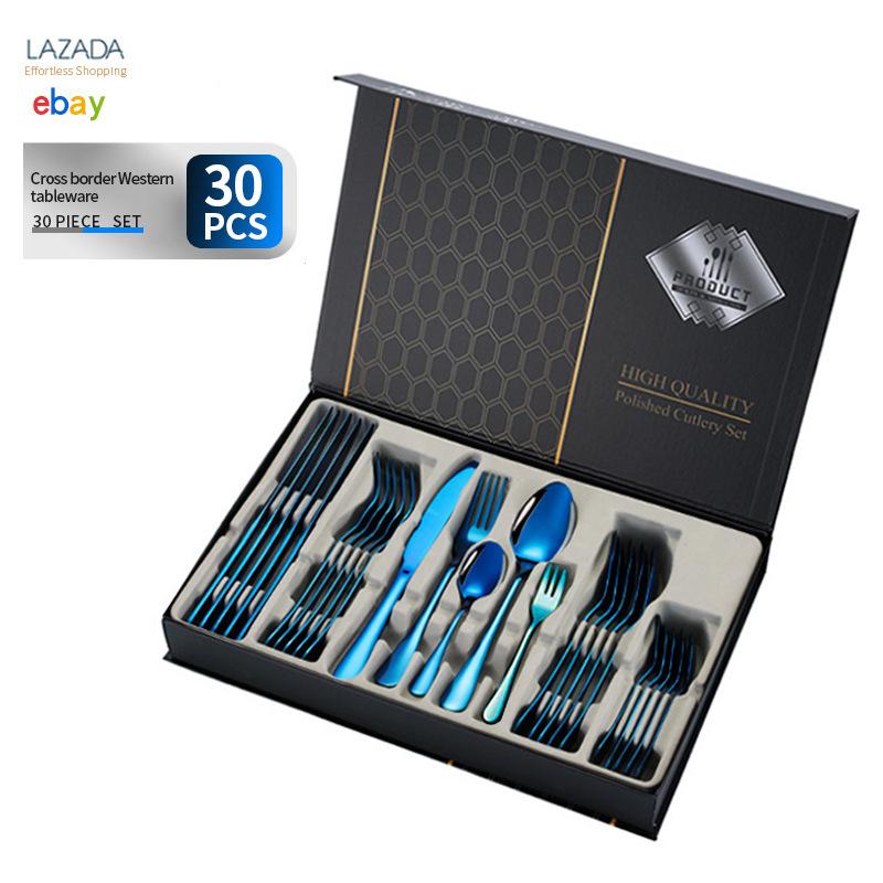 

1010 Нержавеющая сталь Набор столовых приборов в стиле вестерн из 24 предметов: нож для стейка, вилка и ложка, подарочная коробка, подарок на событие 30set синий