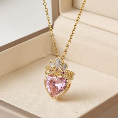 Women's Pink Crown Heart-Shaped Necklace Stainless Steel Collarbone Chain Light Luxury Niche Design Versatile Fashion Accessory