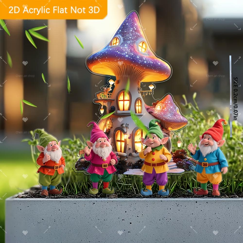 2D Flat 5-piece Fairy Gnome and Dream Mushroom House Acrylic Garden Decoration, Suitable for Gardens, Lawns, Potted Gardens, Perfect Holiday Gifts