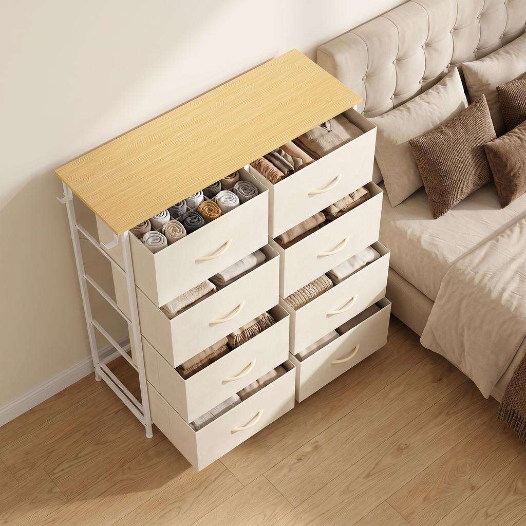 Chest of Drawers, Dresser with 8 Fabric Drawers, Tall Storage Unit with 4 Pockets and 2 Hooks Steel Frame, Beige