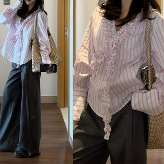

Light Pink 3D Ruffle V-Neck Striped Women s Spring/Summer Loose French-Style Long-Sleeve Top XL [up to 130 lbs]