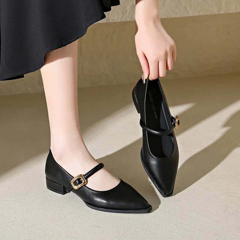 New Women's Low Heel Buckle Solid Color Fashionable Single Shoe 2024 Dress Paired with Pointed Casual Single Shoe for Women