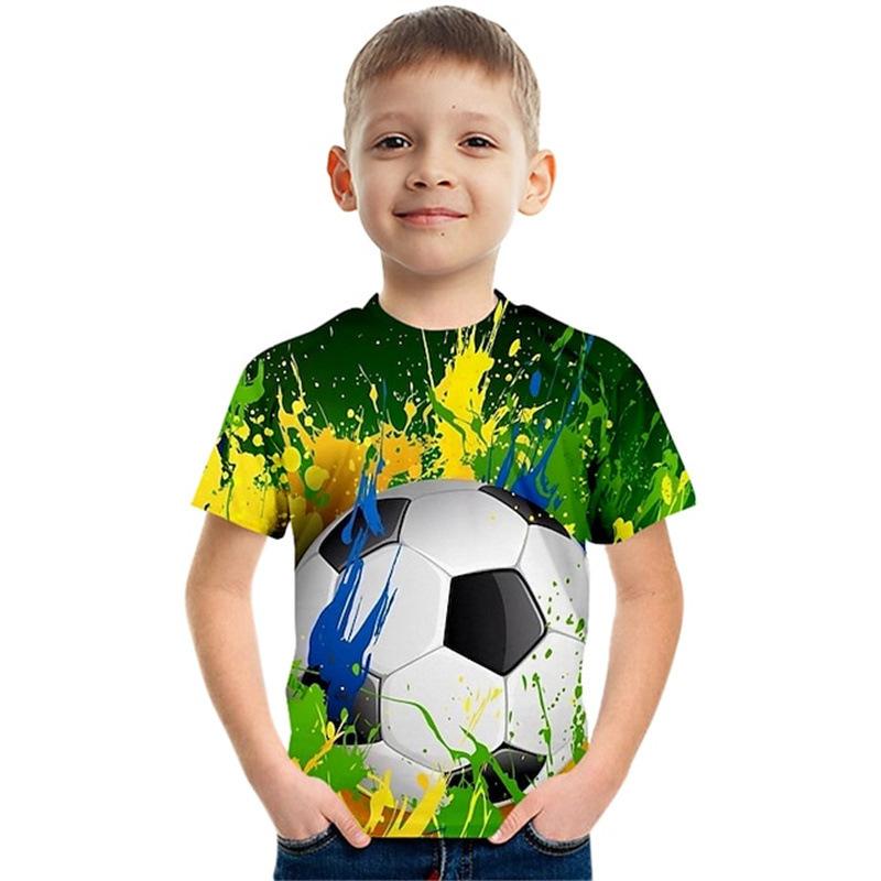 Summer Round Neck 3D Colorful Football Pattern Printed Top Fashionable Casual Short Sleeved Children's Boy T-shirts