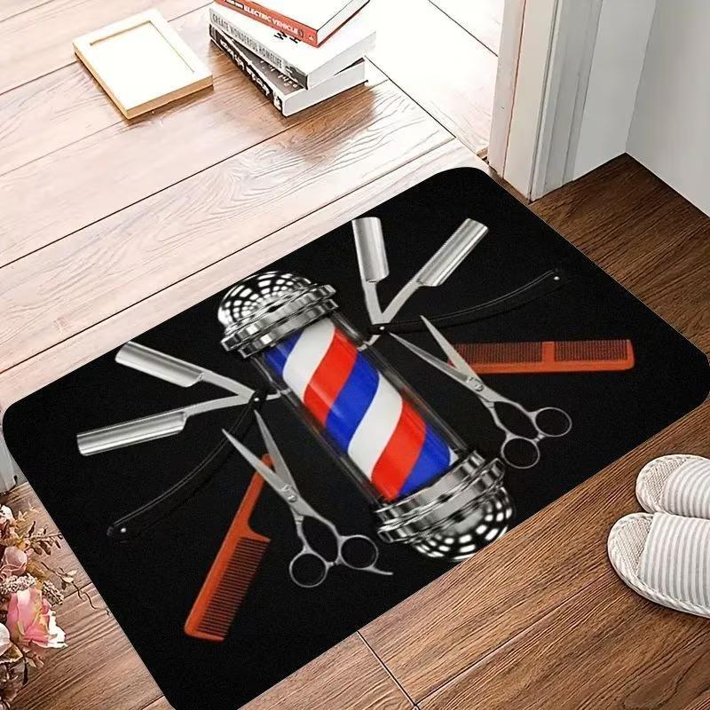 Mat met Barbershop Thema Antislip Vloermat met Print van Barbierpaal & Barbershop Gereedschap voor Salon Entree, Huismat in Barbershop Kleuren