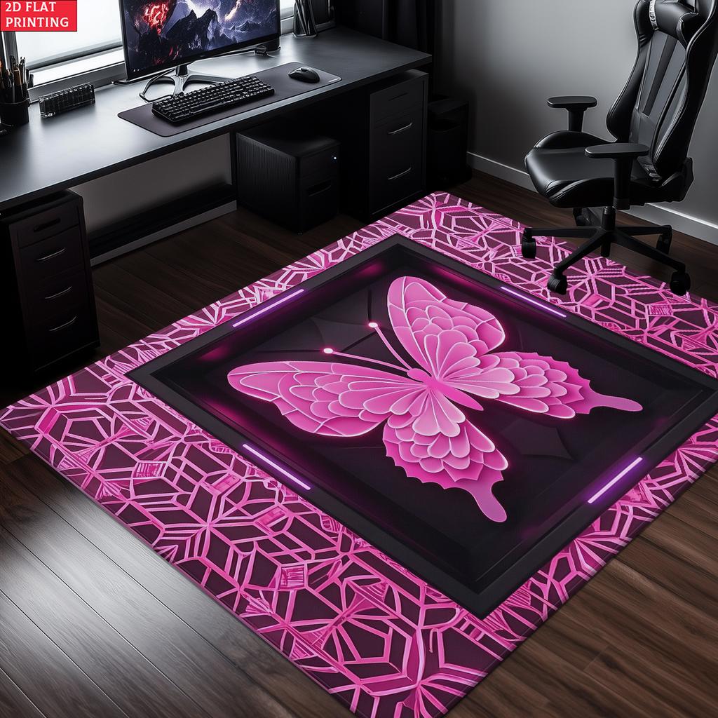 Neon Pink Butterfly Geometric Area Rug, Non-Slip Soft Carpet for Living Room Bedroom, Cyberpunk Aesthetic Decor Floor Mat