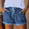Women Casual Denim Shorts Elastic Waistband with Drawstring Tassel Hem Pockets Lightweight Summer Beach Shorts for Daily Wear
