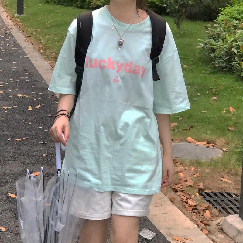 Summer short-sleeved medium and long T-shirt girl's new loose Harajuku ins solid color bottomed half-sleeved top