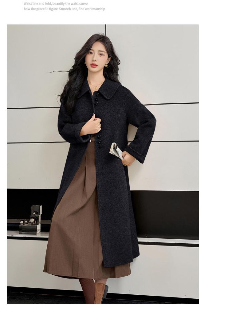2025 Autumn/Winter Korean A-Line Cashmere Wool Overcoat with Doll Collar - Loose, Plus Size Fashion.