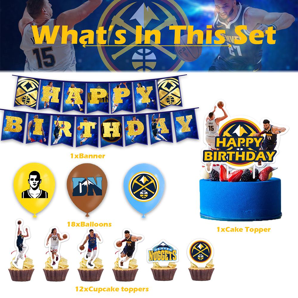 32pcs Denver Nuggets Party Supplies include a Banner, Cake Toppers, Balloons