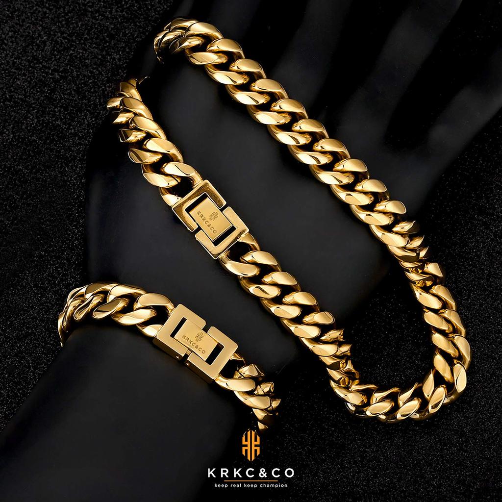 Cuban Link Necklace Bracelet for 12mm Miami Cuban 18k Cuban HIPHOP Christmas Gold [ARINO] SetKRKC&CO & Men, Wide, Chain, Gold, Link, Style, Gift,