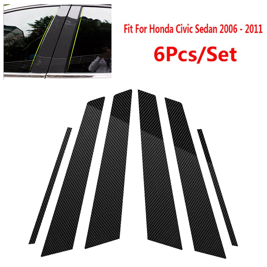 6pcs Door Window Center Middle Column BC Pillar Post Cover Mirror Effect Trim For Honda Civic Sedan 2006-2011