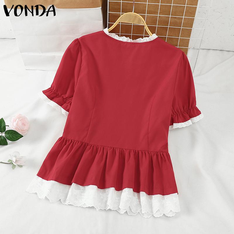 VONDA Women Summer Round Neck Puff Short Sleeve Lace Hem Blouses