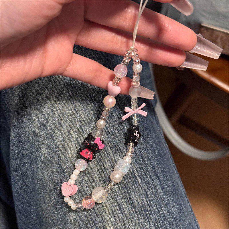 Pink Beaded Cat Bowknot Phone Lanyard for Women - Cute Anti-lost Accessory