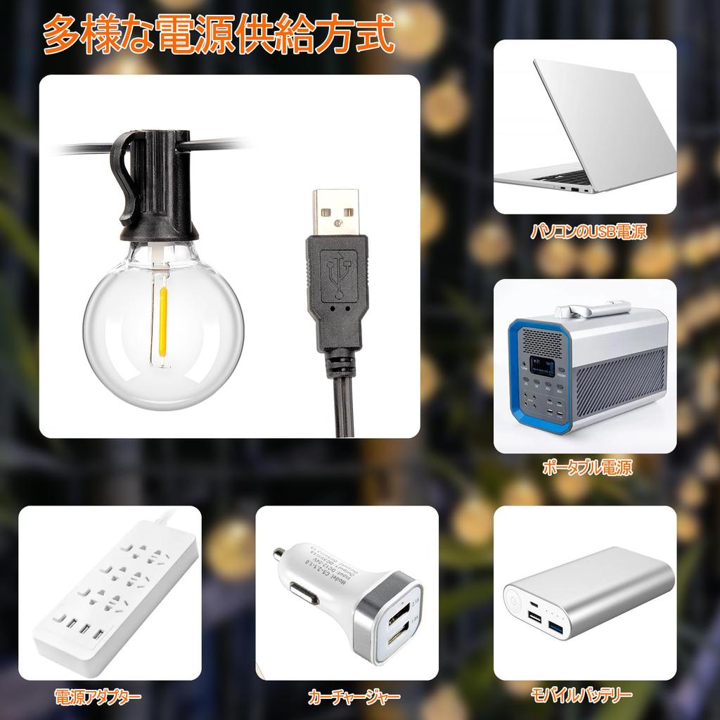 String Warm LED E12 Indoor and Outdoor Perfect for Summer and Shop Decorations USB-Powered Lights, 15M, White, Rainproof, 25+2 Bulbs, Base,