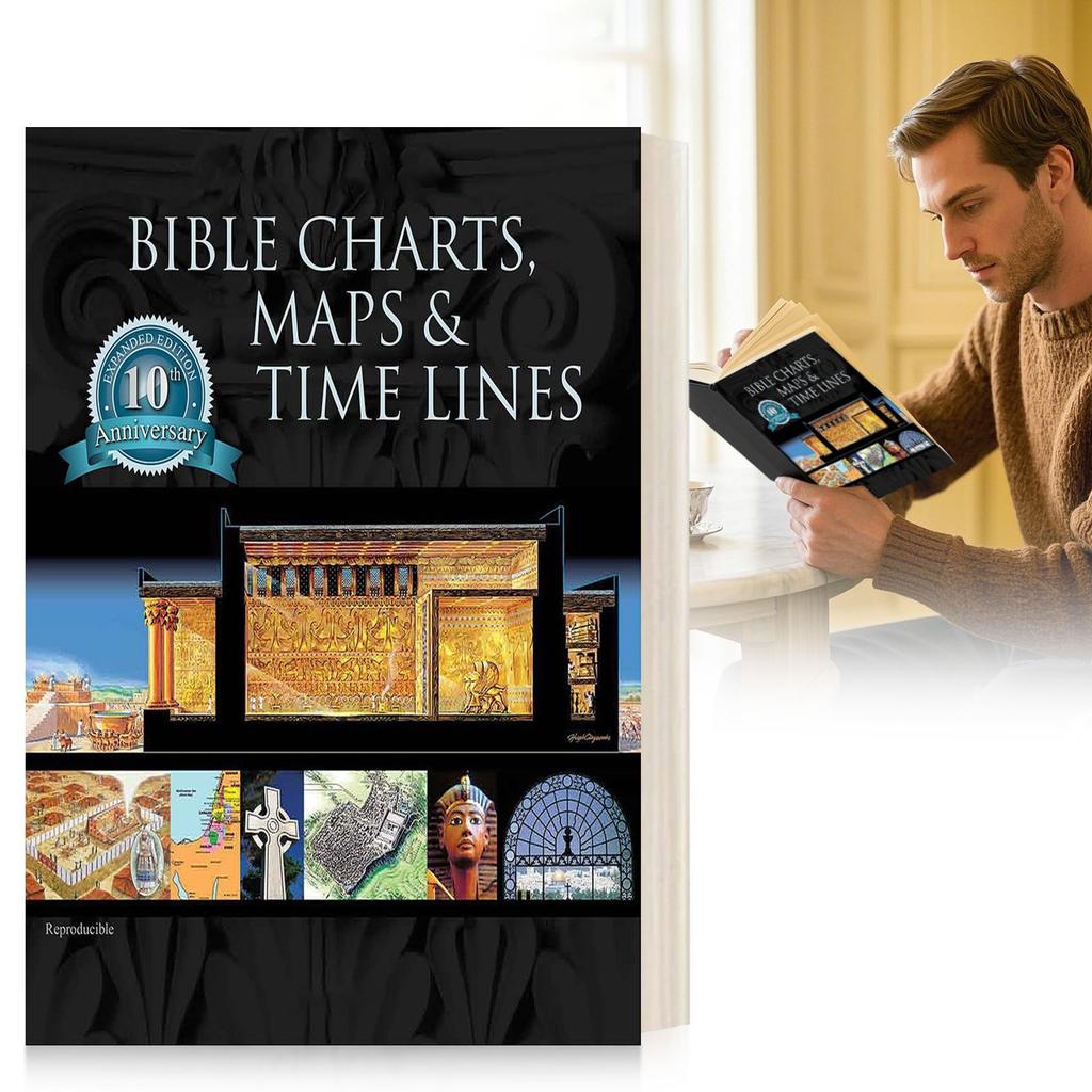 Rosenfarbenes Bibel-Nachschlagewerk mit Diagrammen, Karten und Zeitleisten Umfassender visueller Führer zu biblischen Ereignissen und Orten für Studium und Bildung