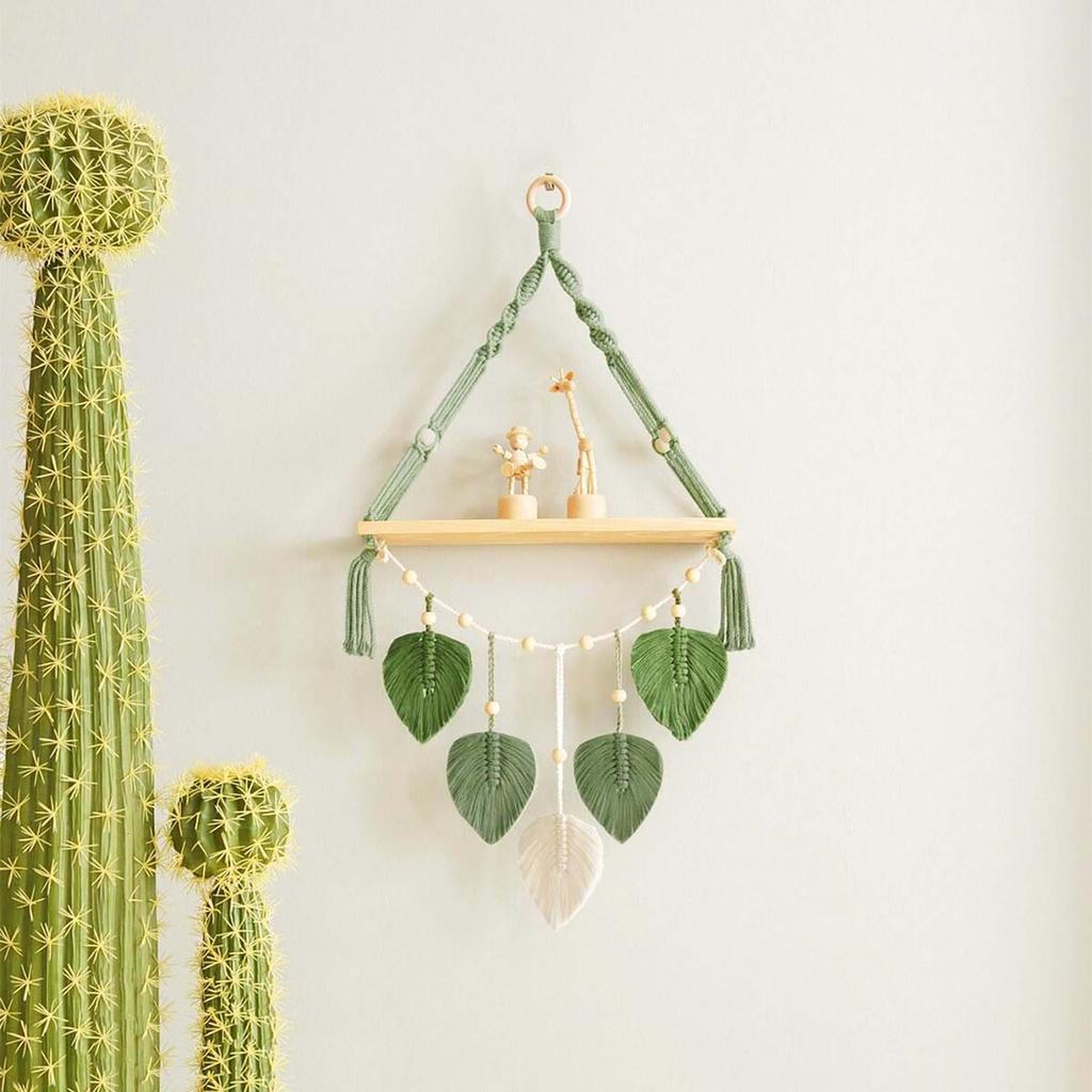 Nordic Handwoven Wall Hanging Tapestry with Shelf Leaf Design Home Decor Green 39x90cm