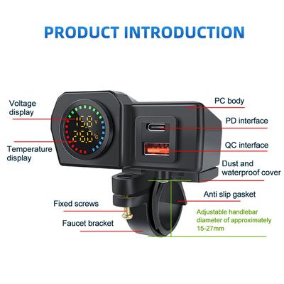 Motorcycle USB Charger with Digital Voltage Temperature Display - Dual Port QC/PD Fast Charging Mount for Handlebar 15-27mm