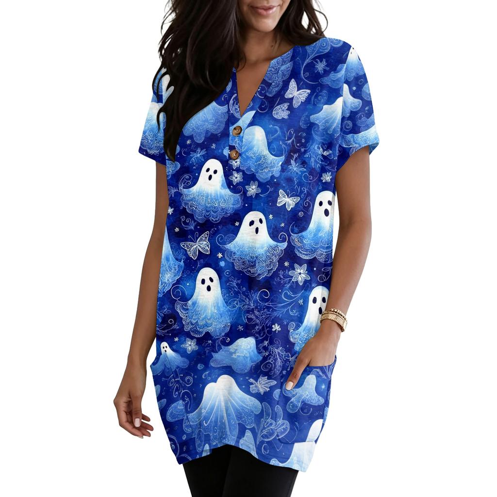 Women’s V Neck Pullover Short Sleeve Top with Halloween Themed Pumpkin and Bat Print Loose Fit Tunic with Pocket Design