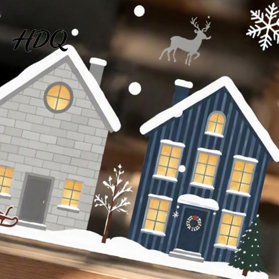 Elk Fir Tree Stickers 2Pcs Christmas Snowy House Static Window Clings, Snowflake Deer Glass Reusable Festive Decals Decals, No-Adhesive for Home Cafe