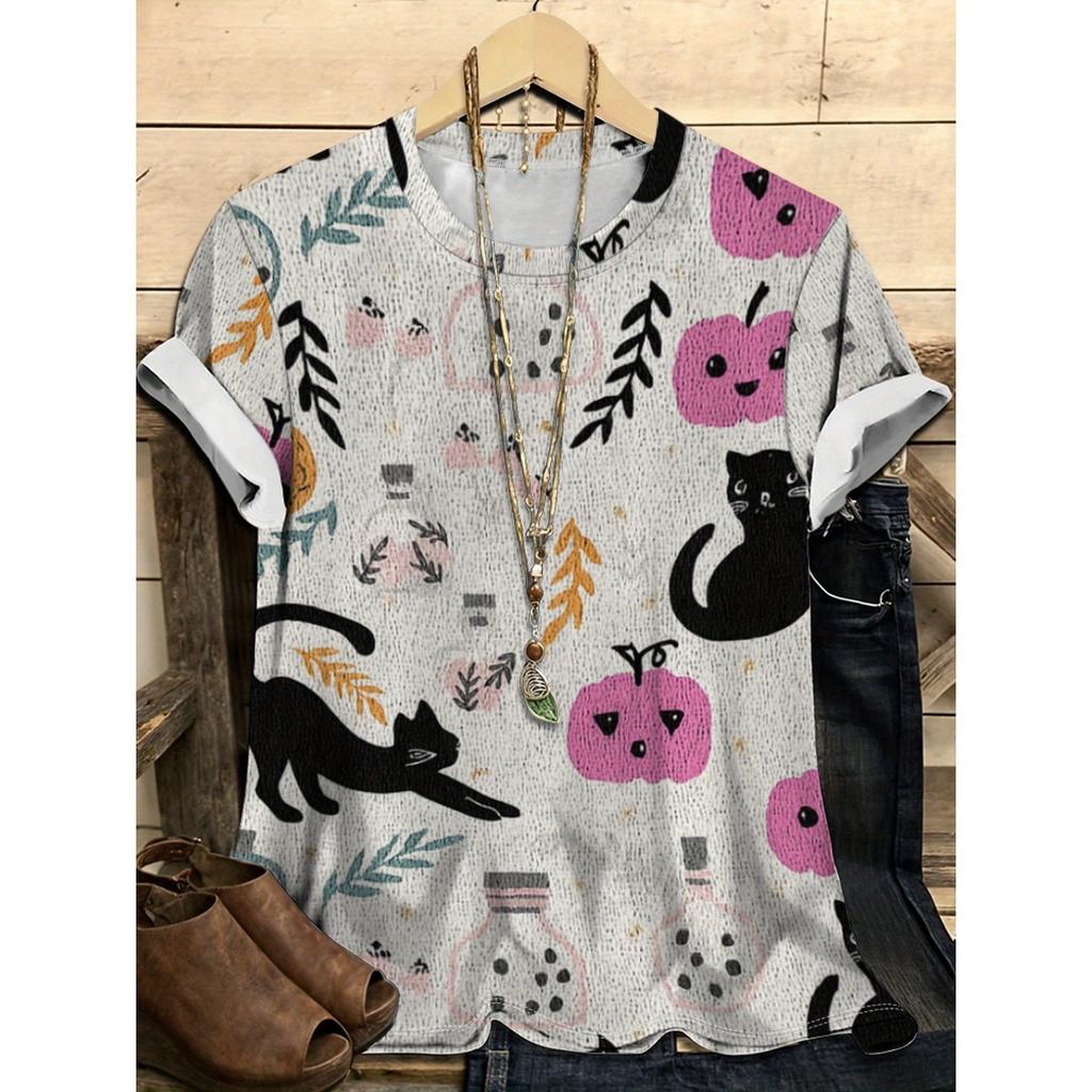 Summer Round Neck 3D Halloween Themed Pattern Print Top Fashionable Casual Short Sleeved Women's T-shirts