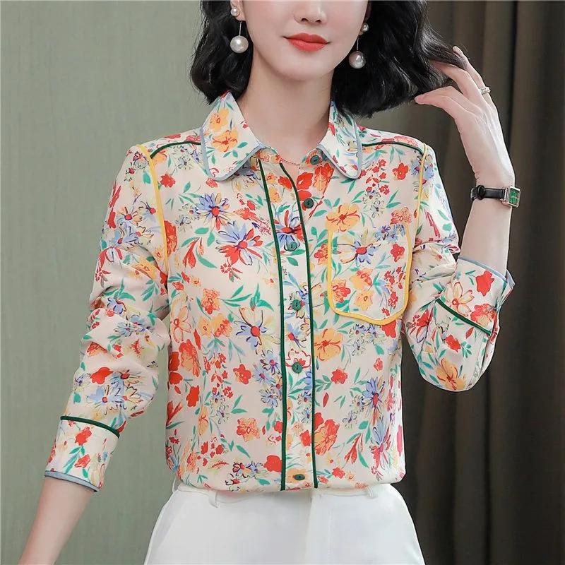 

Spring Floral Print Blouse for Womens Long Sleeve Button Down Shirt S бежевый