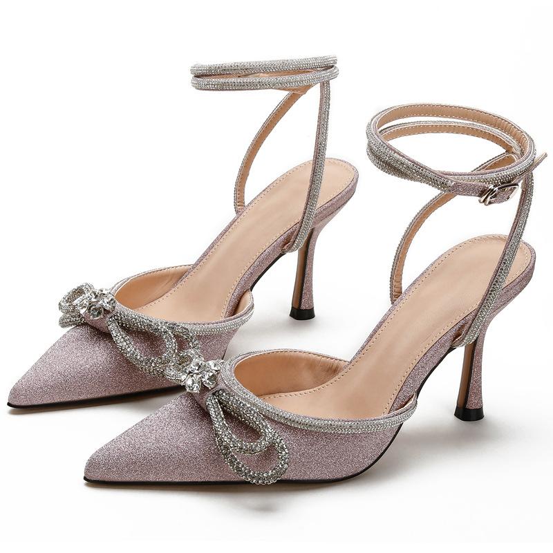 2025 European and American rhinestones bow high heels thin heels sexy summer high heels sandals bag head empty versatile