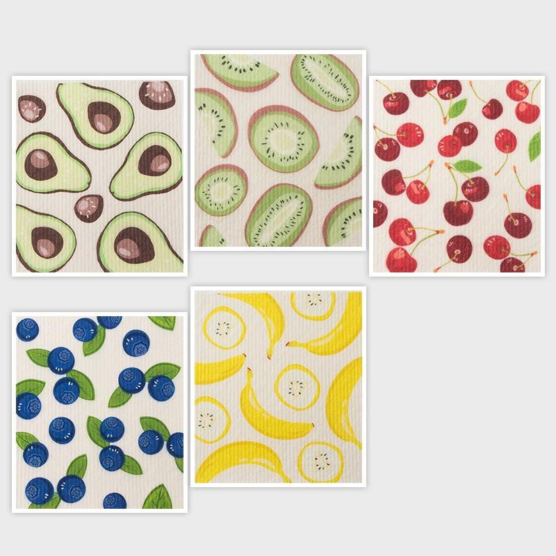 1Pc Fruits Printed Reusable Wood Pulp Cotton Swedish Dishcloths Oil Remove Wipes Dishwashing Rag Household Kitchen Cleaning Tool