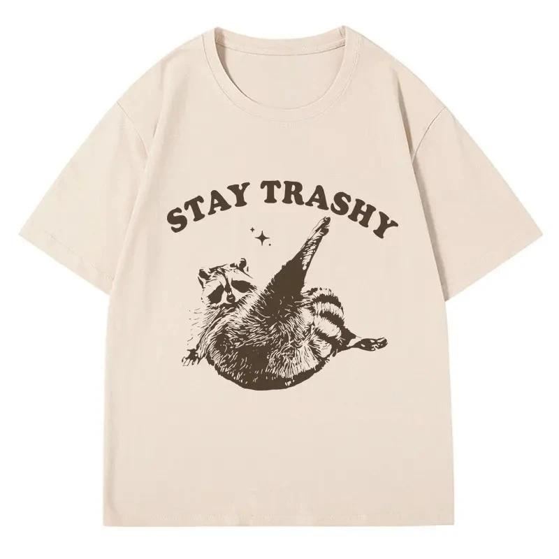 Vintage Funny Racoon T Shirt Clothes Boho Aesthetic Cute Stay Trashy Tshirt Funny Meme Sleeve Women Clothing Aesthetic Clothes S