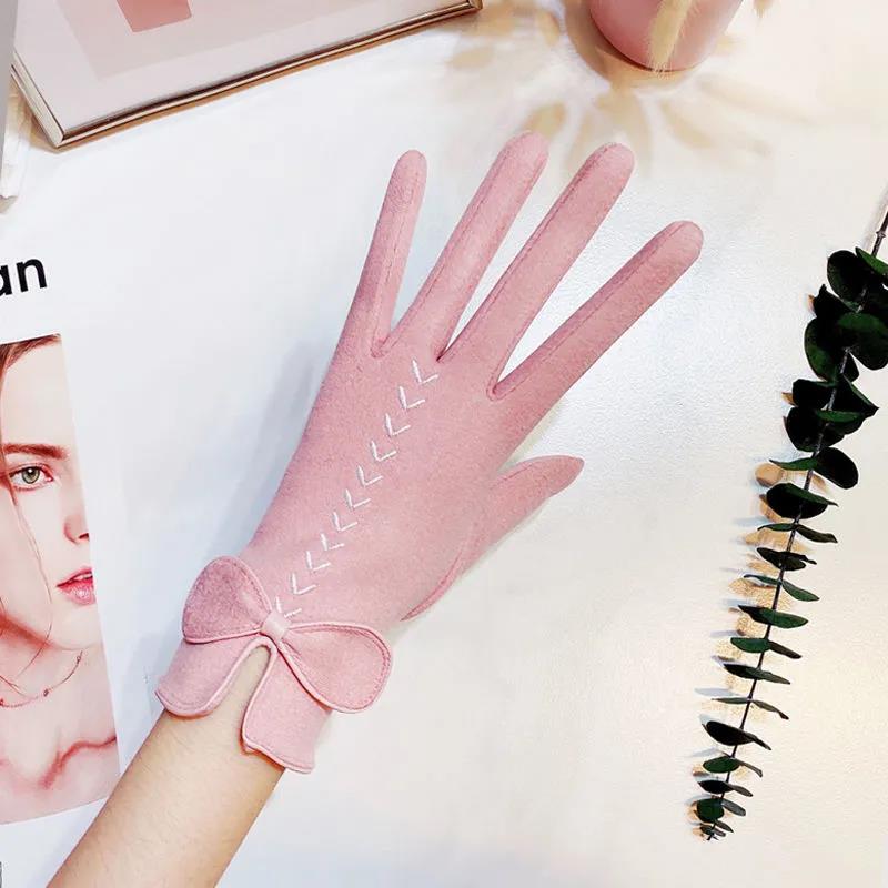 

Замшевые перчатки, женские зимние ветрозащитные перчатки с сенсорным экраном, холодные, теплые, бархатные, корейская версия, милые перчатки с бантом розовый