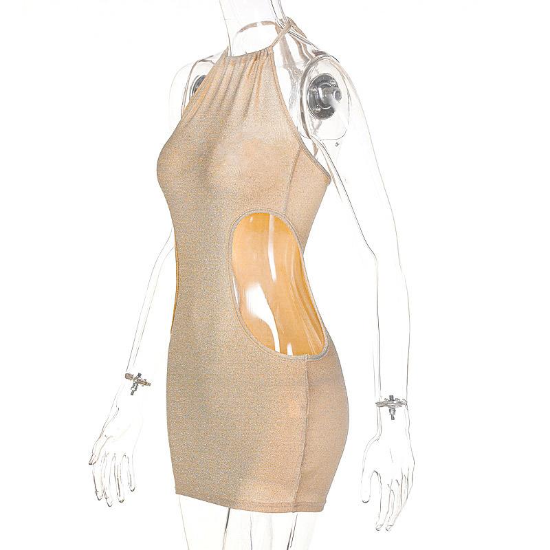 Sexy kurzes Kleid aus Europa und Amerika, hängender Hals für Damen, freiliegende Hüfttasche, Hüftrock, modischer kurzer Damenrock