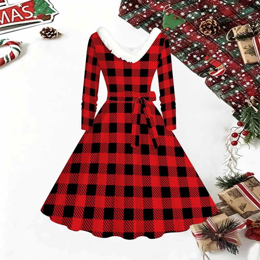 Dames Kerstprint Midi Jurk, Lange Mouwen V‑hals Bontrand A-lijn Feestjurk, Kerst Limited Edition