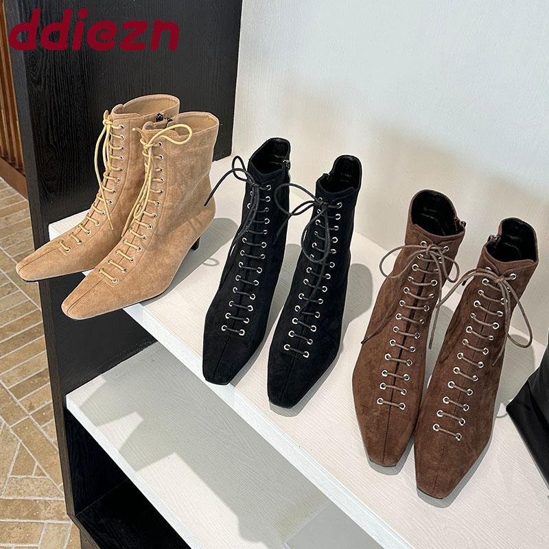 Fashion Pointed Toe Ladies Modern Ankle Boots Female Heels Footwear Flock Fashion Lace Up Elegant Women Short Boots Shoes Pumps lady