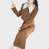 Women's French Retro Corduroy Two-Piece: Doll Collar Short Coat & Slim Long Skirt In Autumn Contrast Colors