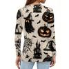 Women's Halloween Print Long Sleeve V-Neck T-Shirt with Decorative Buttons for Casual Wear