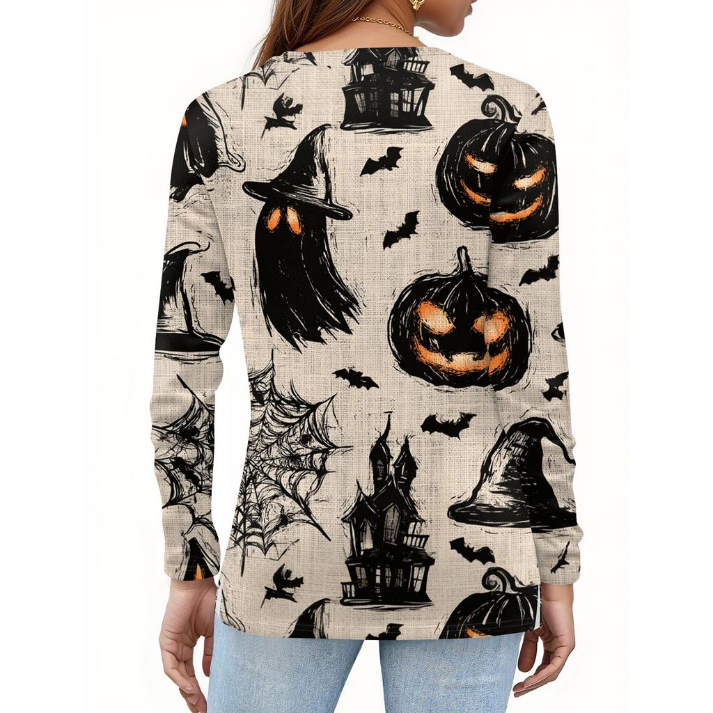 Women's Halloween Print Long Sleeve V-Neck T-Shirt with Decorative Buttons for Casual Wear
