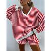 VEZFAA Women's Fashion Casual Spring Fall Stripe Print Long Sleeve V-Neck Trousers Pants Suits