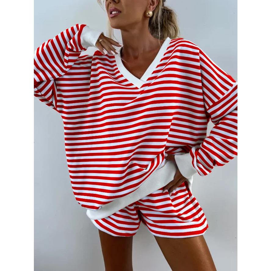 VEZFAA Women's Fashion Casual Spring Fall Stripe Print Long Sleeve V-Neck Trousers Pants Suits