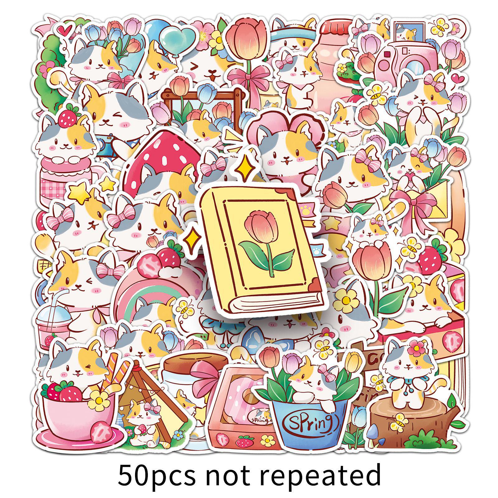 

50 Hand-Drawn Kawaii Spring Kitten Stickers for Notebooks, Water Cups, and Journals