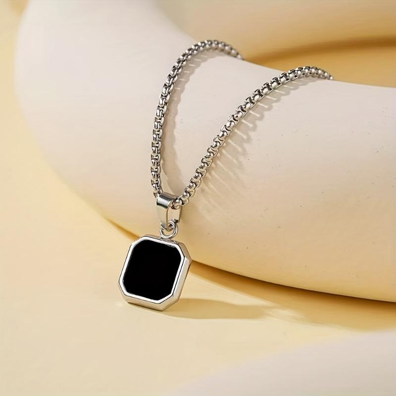Gold Plated Stainless Steel Black Square Pendant Box Chain Necklace