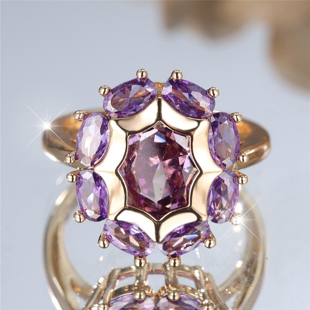 Anello di Fidanzamento Ovale con Pietra di Zircone Viola da Donna Charm Colore Oro Giallo Vintage Gioielli da Matrimonio per Donne